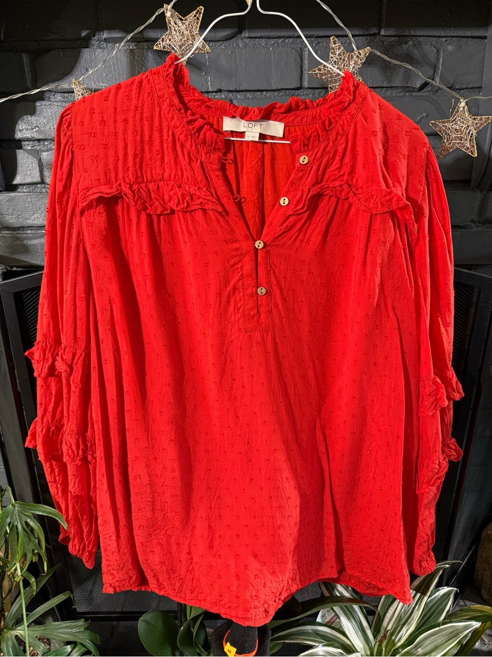 LOFT Red Textured Ruffle Peasant Blouse